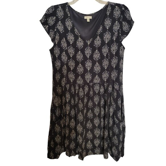 Garnett Hill Size 10 Dress Navy Blue White Decorative Print, Short Sleeve V Neck - Picture 1 of 4